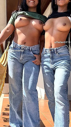 Topless friends caught in golden hour glow