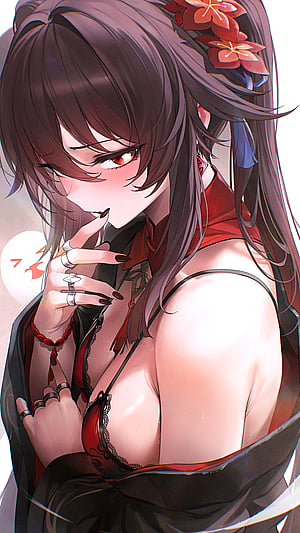 Hu Tao in Red Bra - Playful Tease from Pool of Adoration